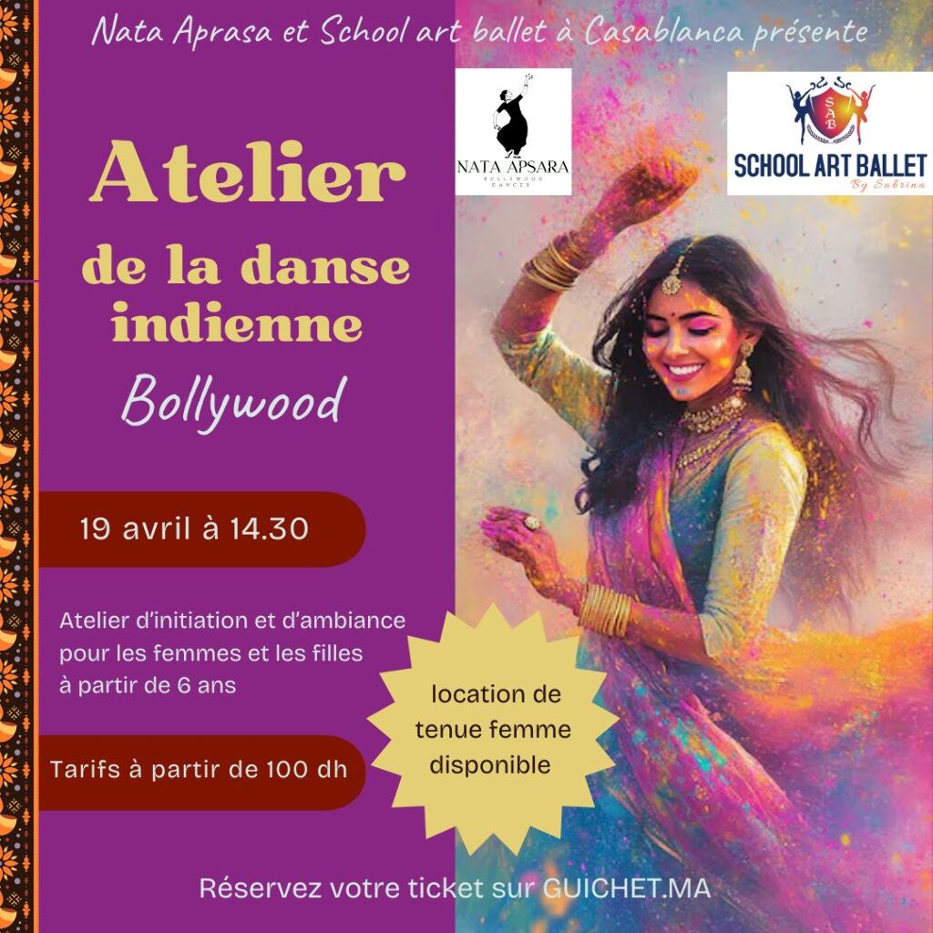 Affiche de "ATELIER DE DANSE INDIENNE BOLLYWOOD 100 % FEMMES" à Casablanca